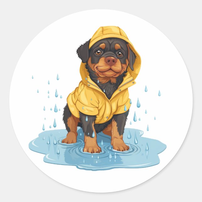 Pegatina Redonda Perro de Rottweiler Cuto Con Lavana De Lluvia (Anverso)