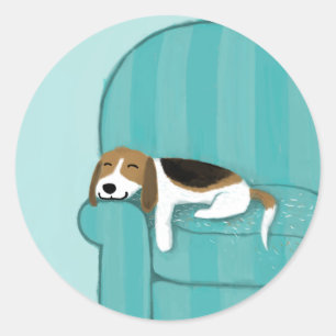 Pegatina Redonda Perro de sofá feliz   Beagle durmiente suave   Pet