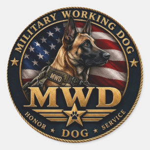 Pegatina Redonda Perro de Trabajo Militar Belgian Malinois 