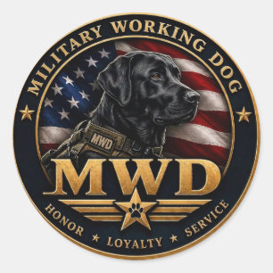 Pegatina Redonda Perro de Trabajo Militar MWD Labrador Negro