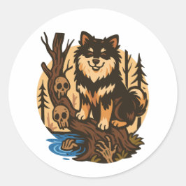 Pegatina Redonda Perro del bosque espeluznante con arte de terror d