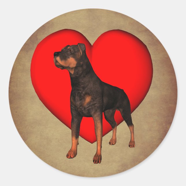Pegatina Redonda Perro del corazón rojo Rottweiler (Anverso)