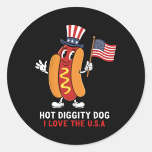 Pegatina Redonda Perro Diggity I Love The Usa Patriotic Hot dog 4th