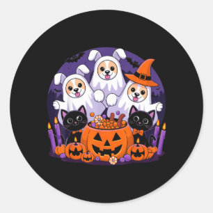 Pegatina Redonda Perro divertido de Halloween disfrazado de fantasm
