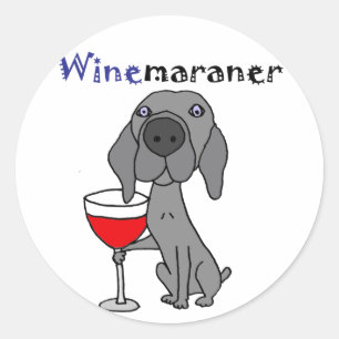 Pegatina Redonda Perro divertido de Weimaraner que bebe el vino