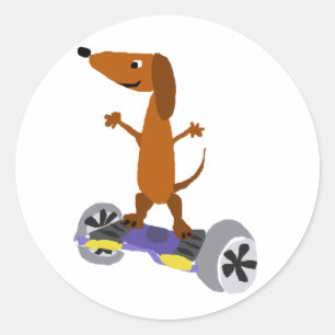 Pegatina Redonda Perro divertido del Dachshund en Hoverboard