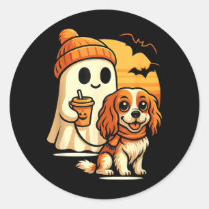 Pegatina Redonda Perro divertido fantasma caminando Cavalier King C
