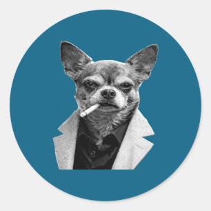 Pegatina Redonda Perro Divertido Fumando Cigarrillo Chihuahua Meme