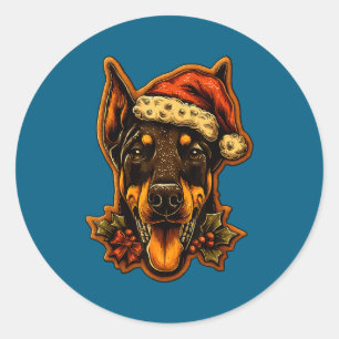 Pegatina Redonda Perro Doberman de Navidad con sombrero de Santa Ga