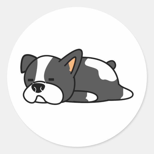 Pegatina Redonda Perro dormido negro y blanco perezoso (Anverso)