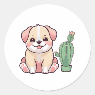 Pegatina Redonda Perro dulce con cactus