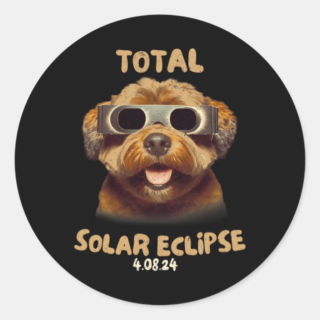 Pegatina Redonda Perro Eclipse Con Gles De Eclipse Solar (Anverso)