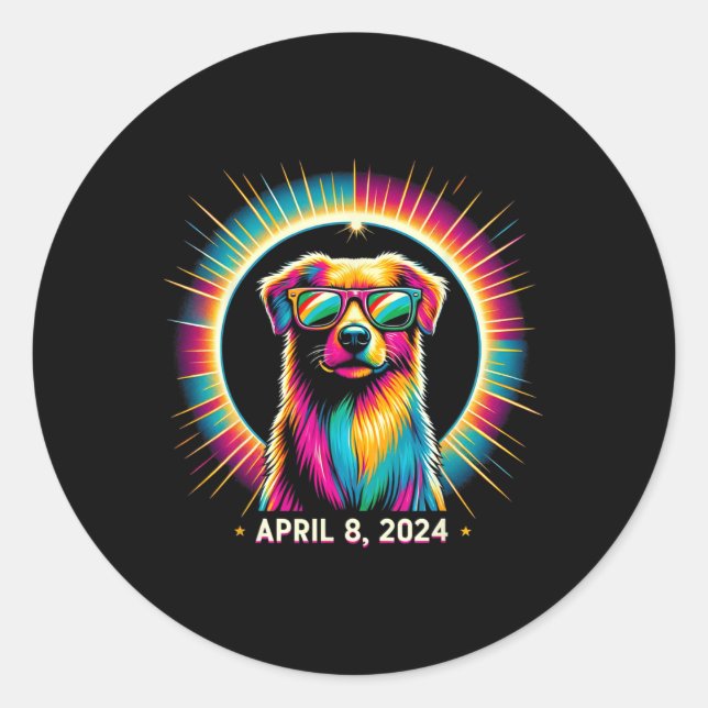Pegatina Redonda Perro Eclipse Solar 2024 Con Vidrio Eclipse Solar (Anverso)