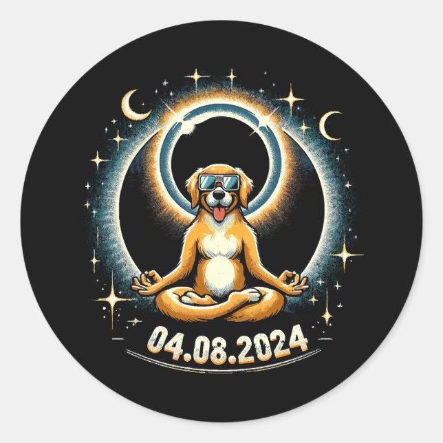 Pegatina Redonda Perro eclipse solar de 2024 (Anverso)