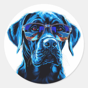 Pegatina Redonda Perro elegante con gafas de sol reflexivas