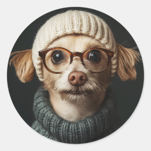 Pegatina Redonda Perro elegante con traje acogedor