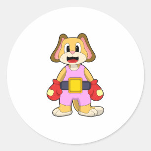 Pegatina Redonda Perro en boxeo con guantes de boxeo
