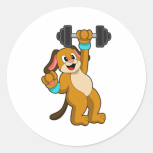 Pegatina Redonda Perro en entrenamiento de fuerza con Dumbbell
