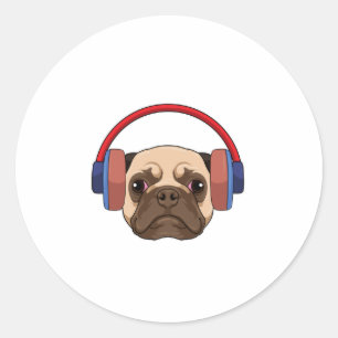 Pegatina Redonda Perro en la música con auriculares