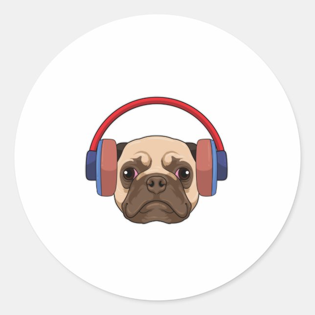 Pegatina Redonda Perro en la música con auriculares (Anverso)
