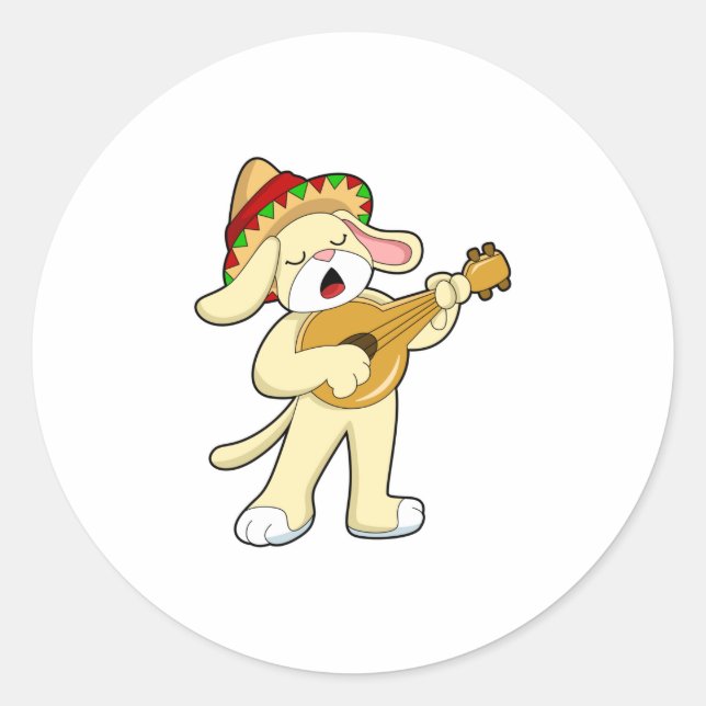 Pegatina Redonda Perro en la música con guitarra (Anverso)