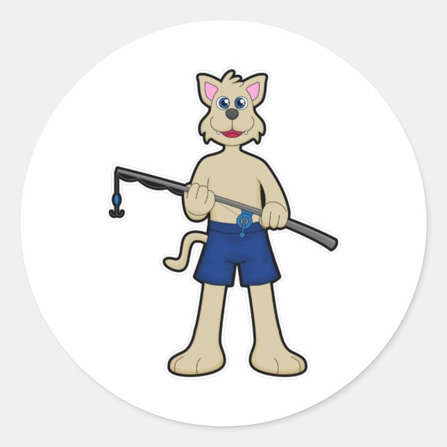 Pegatina Redonda Perro en la pesca con vara de pesca y pescado (Anverso)