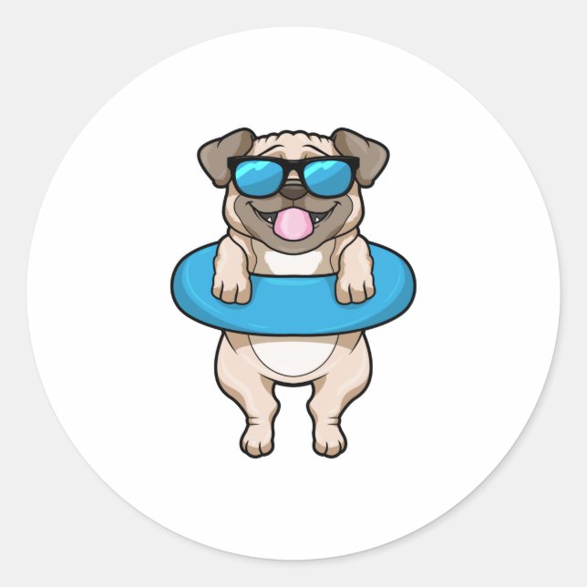 Pegatina Redonda Perro en Natación con anillo de natación (Anverso)