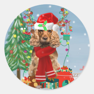 Pegatina Redonda Perro español Cocker con nieve con regalos de Navi