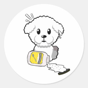 Pegatina Redonda Perro esponjoso y gracioso que derramó mayonesa