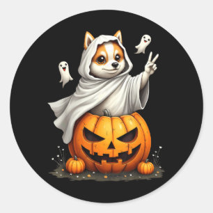 Pegatina Redonda Perro Esquimal Americano Fantasma Calabaza Boo Hal