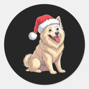 Pegatina Redonda Perro Esquimal Americano Navidad Sombrero Santa Ma