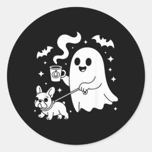 Pegatina Redonda Perro Fantasma Bulldog Francés Café Halloween