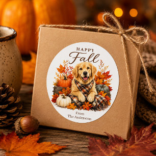 Pegatina Redonda Perro feliz de otoño calabaza Retriever dorado 