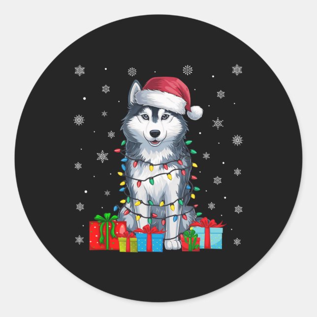 Pegatina Redonda Perro Feo Navidad Encende Santa Hat Perro Husky Si (Anverso)