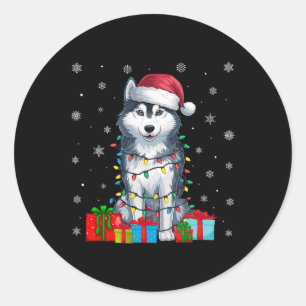 Pegatina Redonda Perro Feo Navidad Encende Santa Hat Perro Husky Si