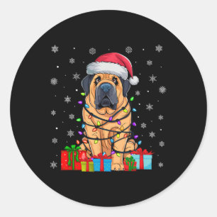 Pegatina Redonda Perro Feo Navidad Enciende Santa Hat Perro Tibetan