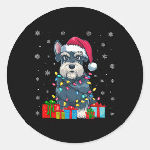 Pegatina Redonda Perro Feo Navidad enciende Santa Hat Schnauzer Dog