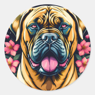 Pegatina Redonda Perro Floral Bullmastiff