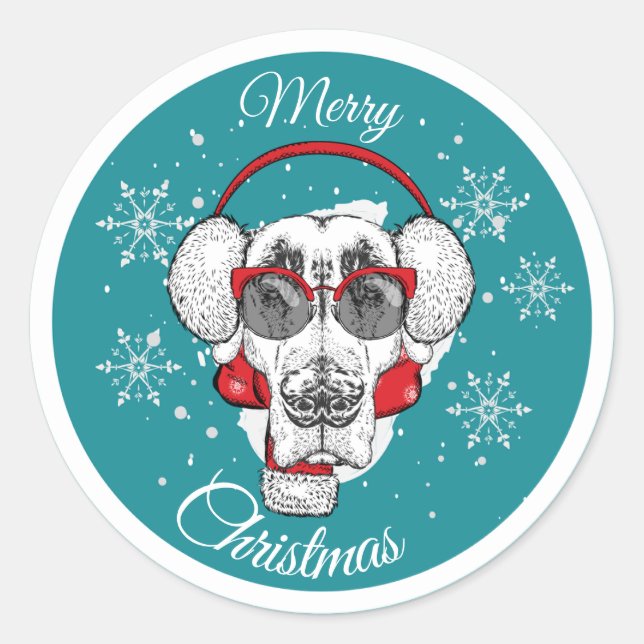 Pegatina Redonda Perro fresco de Feliz Navidad (Anverso)
