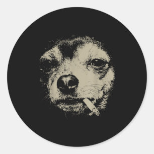 Pegatina Redonda Perro fumando cigarrillo divertido meme de Chihuah