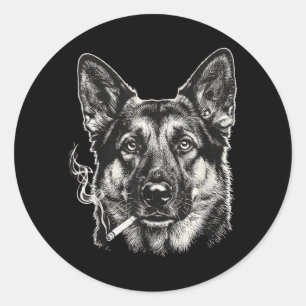 Pegatina Redonda Perro fumando cigarrillo divertido meme de pastor
