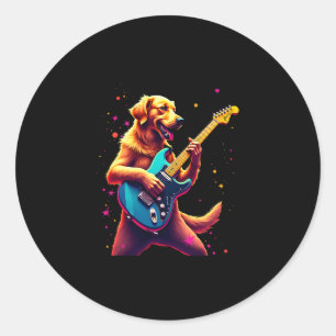 Pegatina Redonda Perro Golden Retriever Jugando Rock de guitarra el