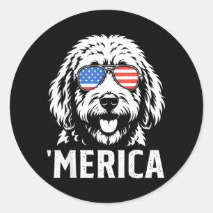 Pegatina Redonda Perro Goldendoodle Patriótico Bandera de América