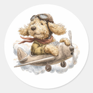 Pegatina Redonda Perro Goldendoodle Piloto Avión