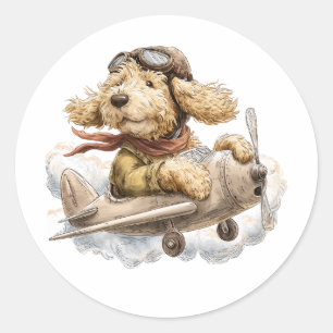 Pegatina Redonda Perro Goldendoodle Piloto Avión