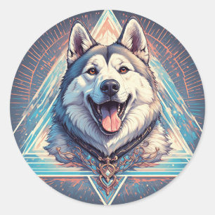 Pegatina Redonda Perro Husky con Formas Geométricas