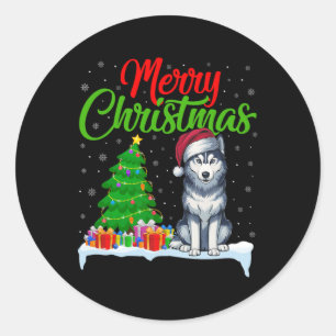 Pegatina Redonda Perro Husky Siberiano Árbol de Navidad Luz Gracios