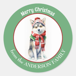Pegatina Redonda Perro Husky Siberiano en bufanda de Navidades rojo