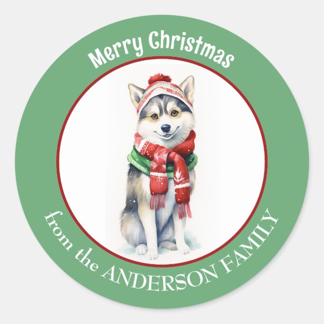Pegatina Redonda Perro Husky Siberiano en bufanda de Navidades rojo (Anverso)