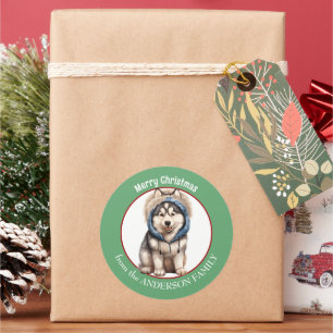 Pegatina Redonda Perro Husky Siberiano en Navidades de Winter Hoodi
